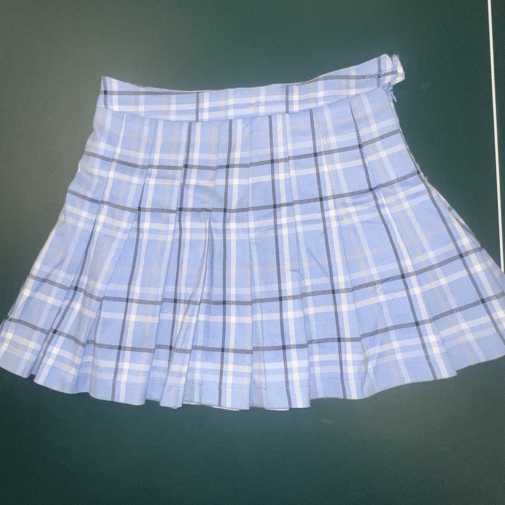 Full Tilt Plaid Mini Skirt Pleated Schoolgirl Skater Light Blue Gray White XS